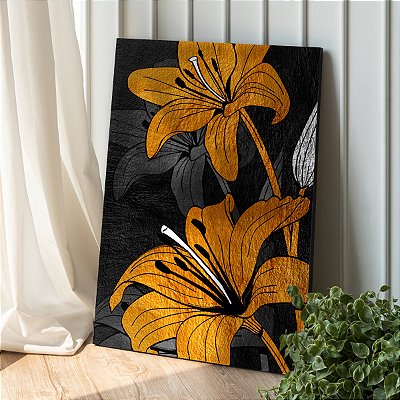 Quadro Decorativo Canvas Pintura de Flores Abstratas Pretas e Douradas Vertical
