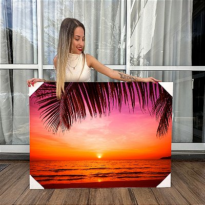 Quadros Decorativos Canvas Folhas De Coqueiro Na Praia Ao Por-do-Sol Horizontal
