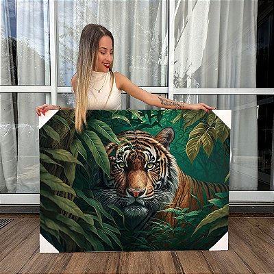 Quadros Decorativos Canvas Paisagem Selva Tigre Em Meio A Folhagens Horizontal