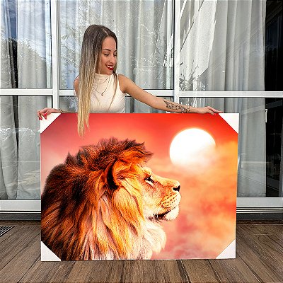 Quadros Decorativos Canvas Animais Leão À Frente De Sol Alaranjado Horizontal