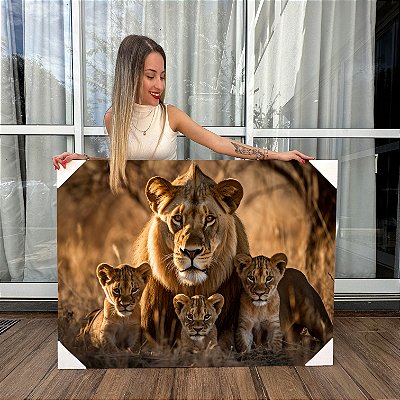 Quadros Decorativos Canvas Animais Savana Leão Africano Com Três Filhotes Horizontal