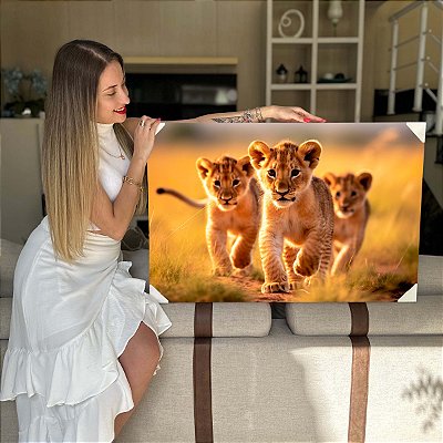 Quadros Decorativos Flutuante Paisagem Savana Trio De Leões Filhotes Horizontal