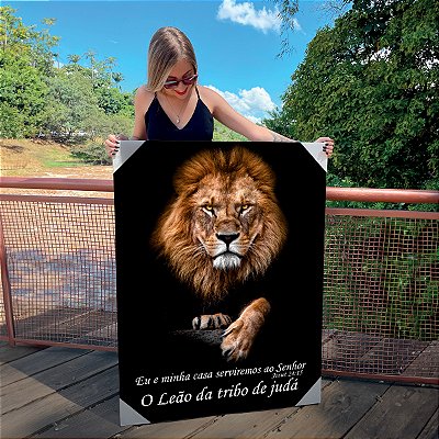Quadro Decorativo Canvas Leão Colorido Frase Eu e Minha Casa Serviremos ao Senhos Veritcal