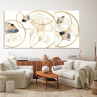 Quadros Decorativos Trio em Canvas Abstrato Leaves and Rings Vertical