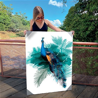 Quadro Decorativo Canvas Animal Pintura de Pavão Fundo Branco Vertical