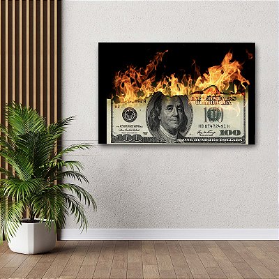 Quadro Decorativo Canvas Abstrato Nota de Cem Dólares Queimando Benjamin Franklin Horizontal