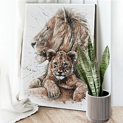 Quadro Decorativo Canvas Animais Selvagens Leão e seu Filhote Vertical