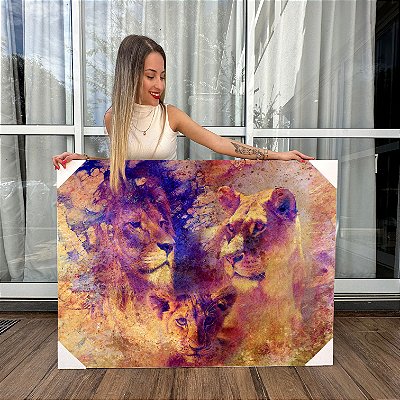 Quadro Decorativo Canvas Composição Abstrata de Casal de Leões Horizontal