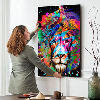 Quadro Decorativo Canvas Animal Selvagem Arte Abstrata Leão Colorido Vertical