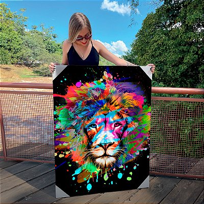 Quadro Decorativo Canvas Animal Selvagem Arte Abstrata Leão Colorido Vertical
