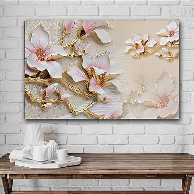 Quadro Decorativo Canvas Floral Flores Brancas Rosa e Dourado Moderno Horizontal