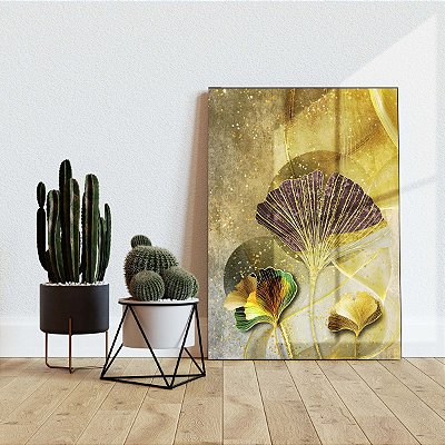Quadro Decorativo Canvas Abstrato Composição de Folhas com Detalhes Dourados Vertical