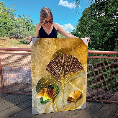 Quadro Decorativo Canvas Abstrato Composição de Folhas com Detalhes Dourados Vertical