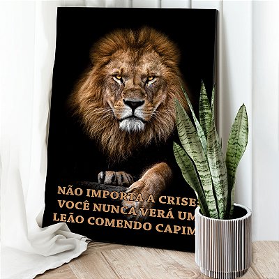 Quadro Decorativo Canvas Animal Leão com Frase Motivacional Vertical