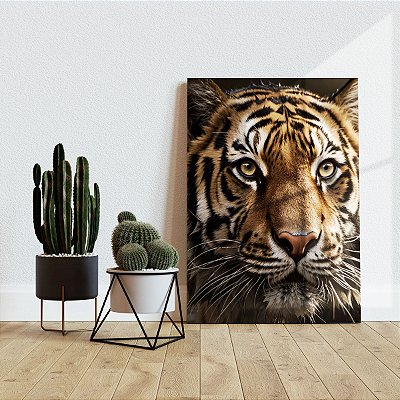 Quadro Decorativo Canvas Animal Selvagem Face Detalhada de Tigre Olhos Amarelos Vertical