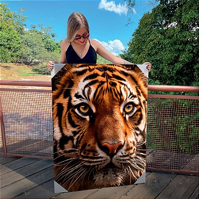 Quadro Decorativo Canvas Animal Selvagem Face Detalhada de Tigre Olhos Amarelos Vertical