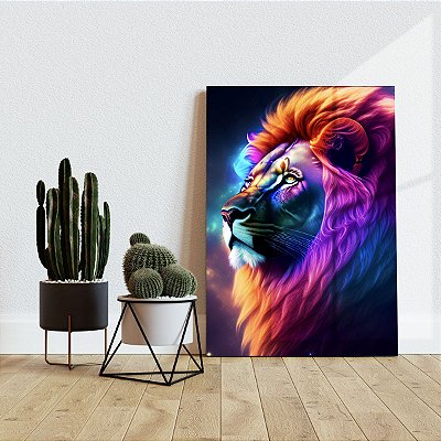 Quadro Decorativo Canvas Arte Abstrata Leão Colorido Vertical