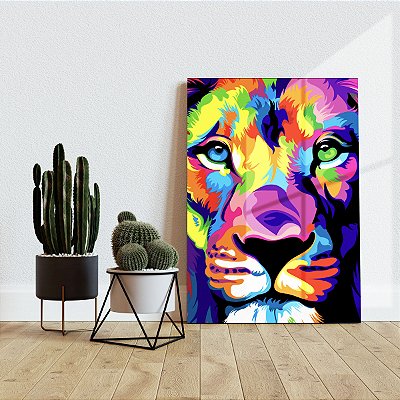 Quadro Decorativo Canvas Composição Abstrata de Leão Colorido Vertical