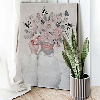 Quadro Decorativo Flutuante Pintura de Mulher Com Flor no Rosto Vertical