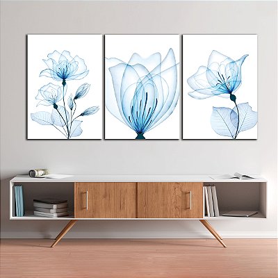 Quadros Decorativos Trio em Canvas Flores Azuis Minimalistas