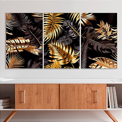 Quadros Decorativos Trio em Canvas Samambaias Douradas Com Fundo Preto