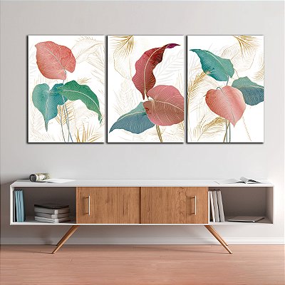 Quadros Decorativos Trio em Canvas Folhas Em Detalhes Rosa e Azul Fundo Claro