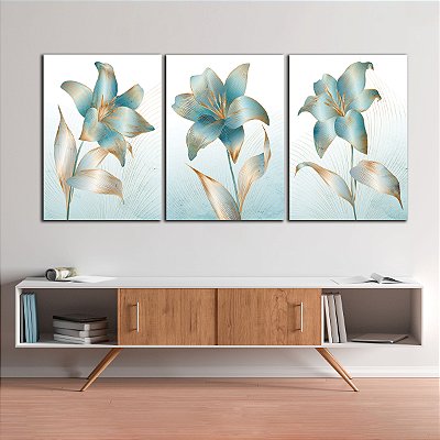 Quadros Decorativos Trio em Canvas Lírios Azuis Com Detalhes Dourados