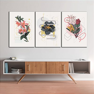 Quadros Decorativos Trio em Canvas Arte Abstrata Flores Coloridas Minimalistas
