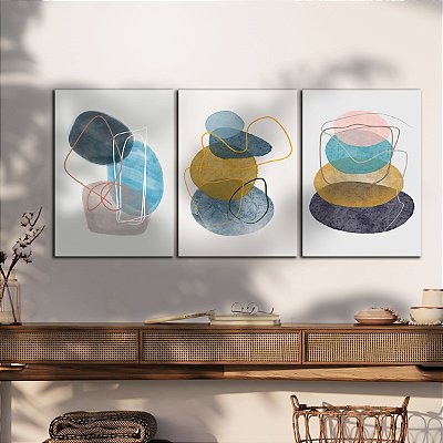 Quadros Decorativos Trio em Canvas Arte Abstrata Pilha De Pedras Coloridas