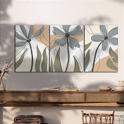 Quadros Decorativos Trio em Canvas Arte Abstrata Flores Cores Neutras