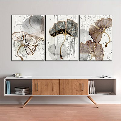 Quadros Decorativos Trio em Canvas Arte Abstrata Flores Em Cores Neutras