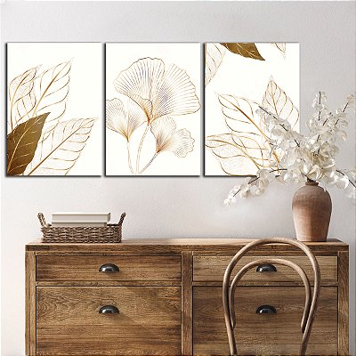 Quadros Decorativos Trio em Canvas Contorno de Folhas Dourado Fundo Branco