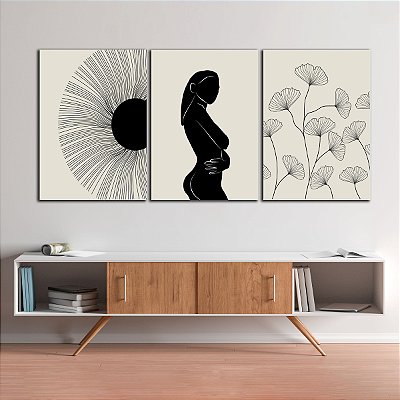 Quadros Decorativos Trio em Canvas Silhuetas Abstratas Feminina e Botânica
