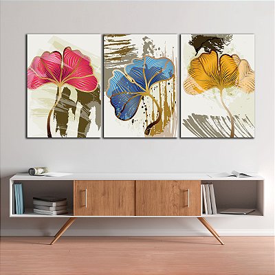 Quadros Decorativos Trio em Canvas Flores Abstratas Rosa Azul e Amarelo