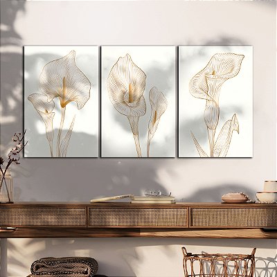 Quadros Decorativos Trio em Canvas Copo De Leite Branco com Traços Dourados