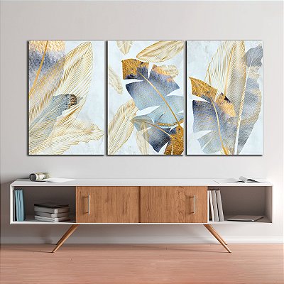 Quadros Decorativos Trio em Canvas Folhas De Bananeira Azul e Dourado