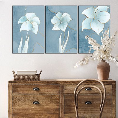 Quadros Decorativos Trio em Canvas Flores Azul Pastel com Detalhes Dourado