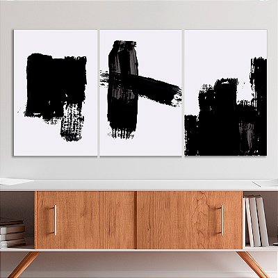 Quadros Decorativos Trio em Canvas Arte Abstrata Pinceladas Pretas Em Tela Branca