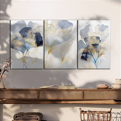 Quadros Decorativos Trio em Canvas Flores Translúcidas Em Azul e Dourado
