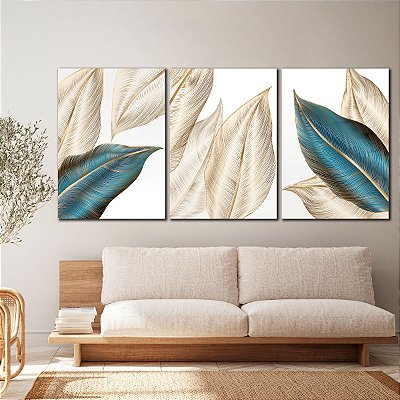 Quadros Decorativos Trio em Flutuante Abstrato Folhas Linhas Minimalistas