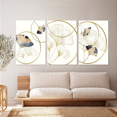 Quadros Decorativos Trio em Flutuante Abstrato Leaves and Rings Vertical