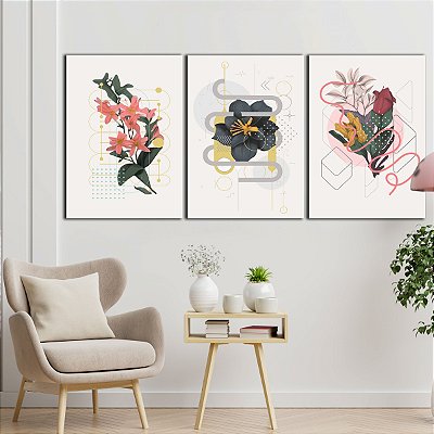 Quadros Decorativos Trio em Flutuante Arte Abstrata Flores Coloridas Minimalistas