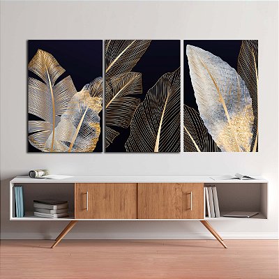 Quadros Decorativos Trio em Canvas Arte Abstrata Folhagem Dourada Moderna