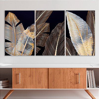Quadros Decorativos Trio em Canvas Arte Abstrata Folhagem Dourada Moderna