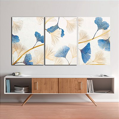 Quadros Decorativos Trio em Canvas Arte Flores Azuis e Douradas Pinceladas