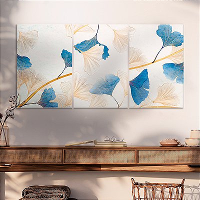 Quadros Decorativos Trio em Canvas Arte Flores Azuis e Douradas Pinceladas
