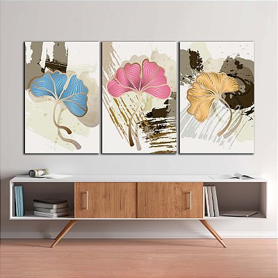Quadros Decorativos Trio em Canvas Arte Floral Flores Pinceladas Azul Rosa E Amarela