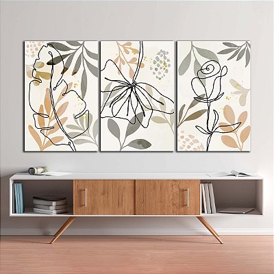 Quadros Decorativos Trio em Canvas Arte Floral Folhas Minimalistas Tons Terrosos