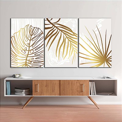 Quadros Decorativos Trio em Canvas Arte Abstrata Folhas Douradas em Tela Branca