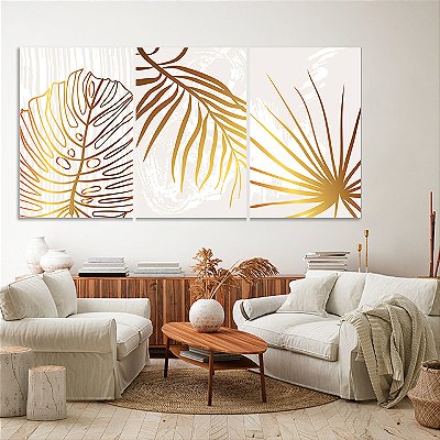 Quadros Decorativos Trio em Canvas Arte Abstrata Folhas Douradas em Tela Branca